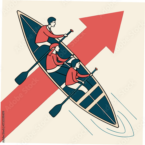 Vector art of teamwork for business success a group of people rowing a boat together, symbolizing collaboration and progress, their combined efforts propel them forward, achieving goals