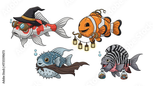 Whimsical Marine Ensemble: A vibrant illustration of various cartoon fish, each adorned in unique and imaginative costumes, inviting viewers into a fantasy ocean realm of playful delight.