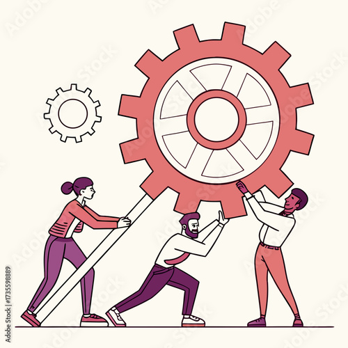 Vector art of teamwork makes the dream work as three diverse colleagues collaborate to turn a giant gear, symbolizing their collective effort and shared goals