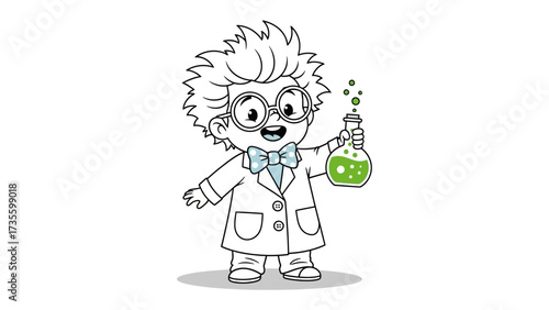 Genius in a Lab Coat: A captivating depiction of a young scientist, with an untamed hairstyle, circular glasses, and a friendly bow tie, holds a beaker brimming with a luminous, verdant potion.