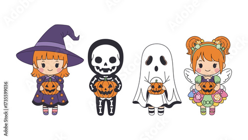 Enchanting Halloween Group: A group of adorable cartoon characters dressed in Halloween costumes, smiling and holding pumpkins, inviting celebration for this festival.