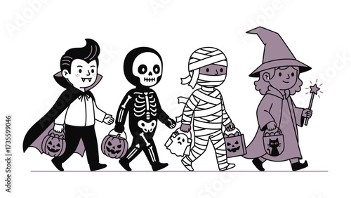 Halloween Costume Parade: A delightful illustration of children dressed in classic Halloween costumes, each carrying a treat bag and ready for a night of fun.