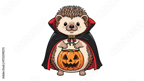 Halloween Hedgehog: A charming cartoon hedgehog dressed in a vampire costume, holding a glowing jack-o'-lantern, evoking the spirit of Halloween with its cute and spooky appearance.