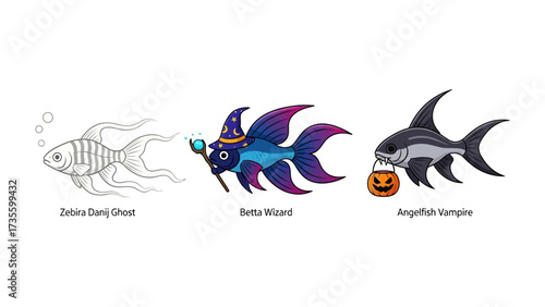 Whimsical Aquatic Trio: Delightful cartoon illustration of three uniquely designed fish, each exuding its own distinct character and charm. Explore a playful underwater world.