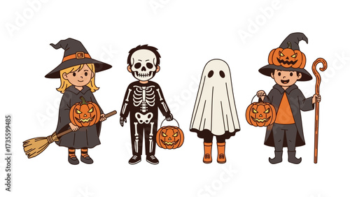 Halloween Costume: Halloween is a festival of spooky time, there are cute kid wearing different costumes and holding pumpkins.