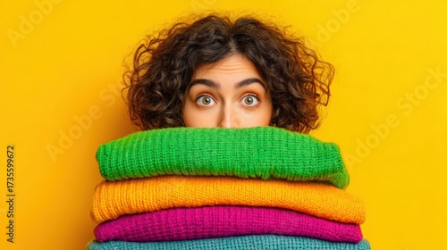 A young woman with curly brown hair looks over a stack of folded colorful sweaters with bright eyes against a vivid yellow studio background, feeling cozy and warm.