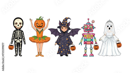 Enchanting Halloween Fantasy: A vibrant collection of adorable costumed children embody the spirit of Halloween, each adorned in delightful attire, creating a charming and spooky atmosphere.