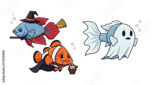Halloween Fish: A whimsical illustration features three adorable fish, creatively dressed for Halloween. One dons a witch's hat and a broom, another embodies a vampire.