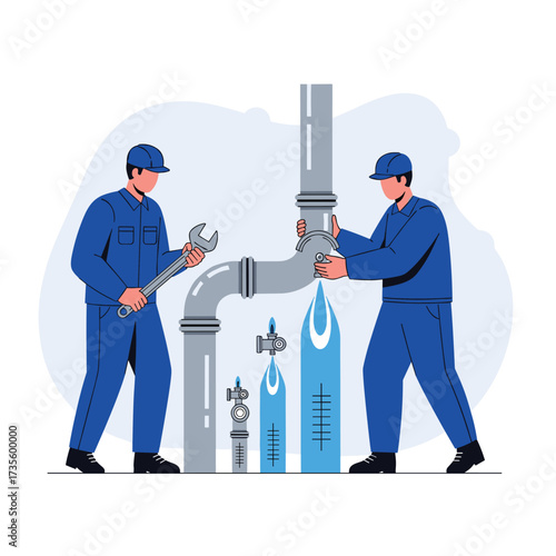 Professional plumbers working together on a complex pipe system repair.