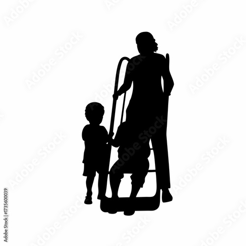 Silhouette of a caregiver supervising children on a slide isolated on white background