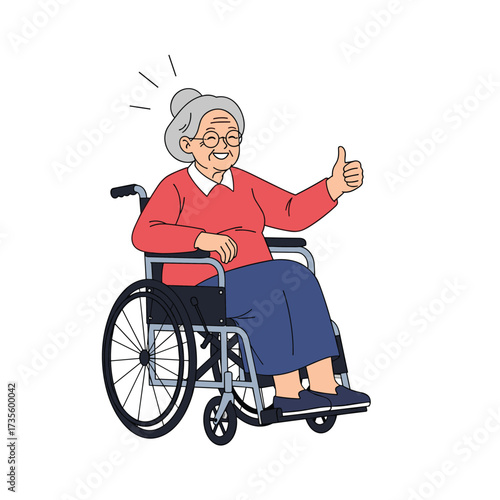 An elderly woman in a wheelchair gives a thumbs up.