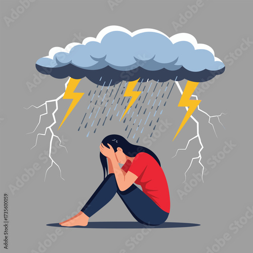 A woman sits alone under a storm cloud with lightning and rain.