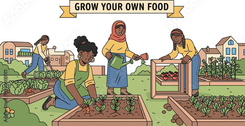 Diverse group of women gardening and growing their own food in community garden