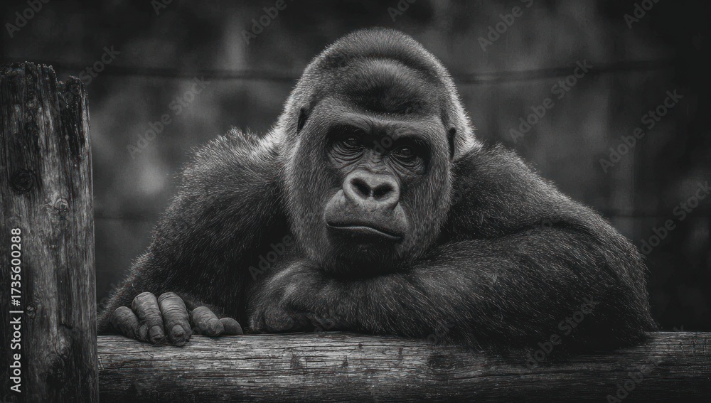 Obraz premium Powerful Gorilla Resting in Black and White.