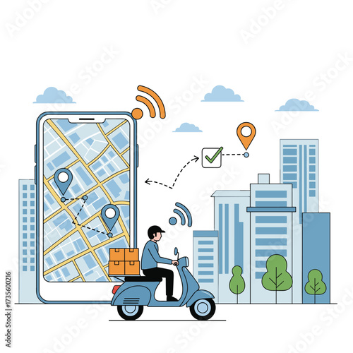Smart delivery tracking service with a courier on a scooter in a city environment.