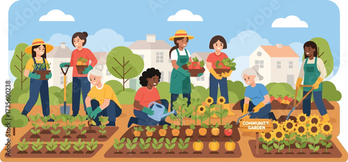 Diverse group of women tending to a community garden with vegetables plants