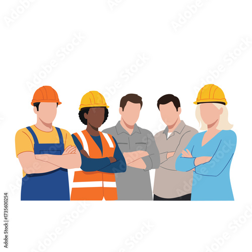 A diverse group of five construction workers standing with arms crossed.