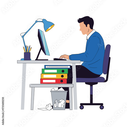 A person working diligently on a computer at a desk with office supplies and a lamp.