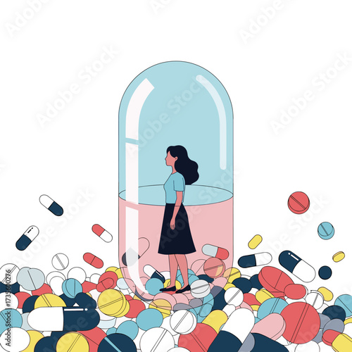 Woman trapped inside a giant pill surrounded by many small pills.