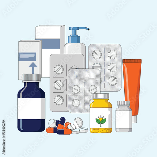 A collection of assorted medicine bottles pills and creams.