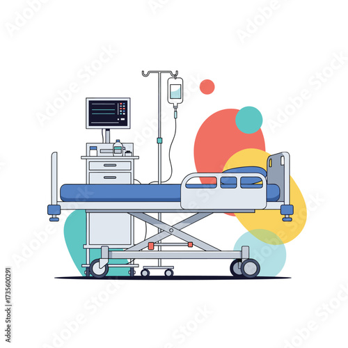 A medical bed with a monitor and an IV drip stand.