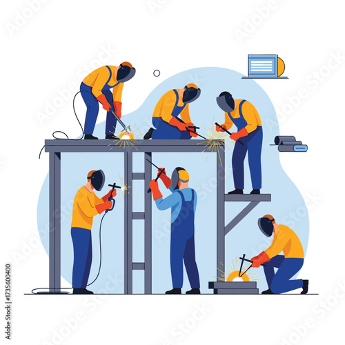 Skilled welders constructing a metal structure with precision and safety protocols.