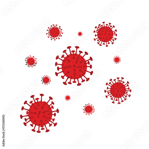 Red coronavirus particles displayed against a white background.