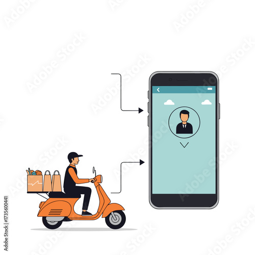 A delivery person on a scooter brings groceries to a user's phone.