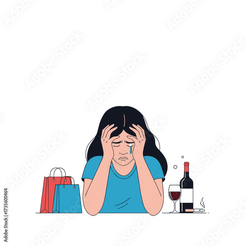 Woman crying with shopping bags and bottle of wine. Stressful day.