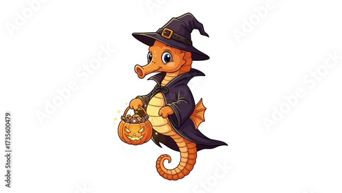 Halloween Seahorse Witch: A whimsical seahorse witch, adorned in a pointy hat and flowing cloak, joyfully carries a jack-o'-lantern bucket, embodying the spirit of Halloween.