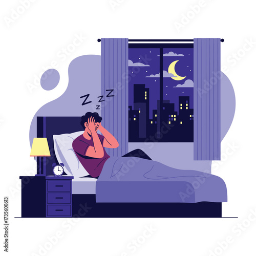 A man struggling to sleep due to the noise from the city at night.