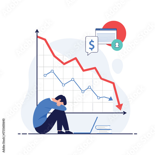 A person sits with their head in their knees looking at a downward trending graph.