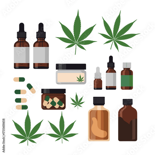 Various cannabis derived products and leaves.