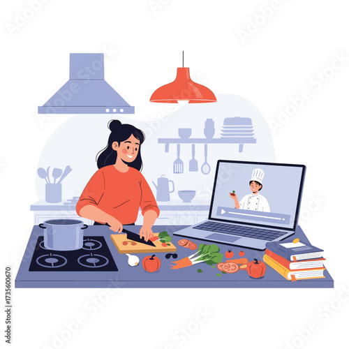 A person cooking along with an online culinary lesson.