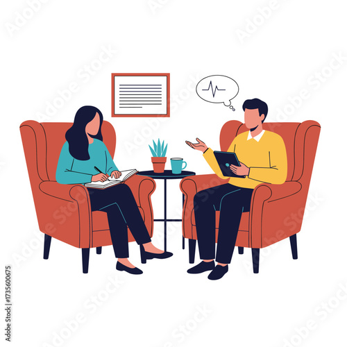Two people sitting in chairs talking and one person taking notes.