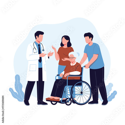A doctor discusses health with an elderly person in a wheelchair and their family.
