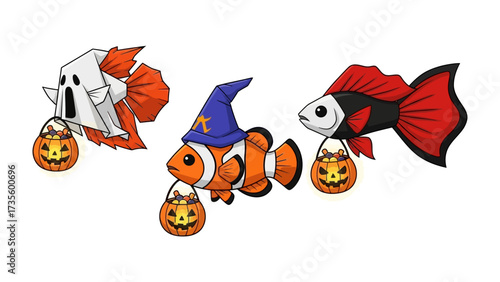 Halloween Fish: A delightful trio of aquatic friends, each dressed in their own spooky attire. The little characters, are celebrating the fun and festivities of Halloween