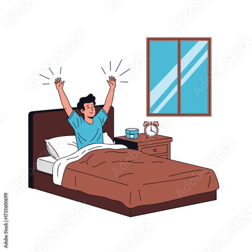 A person waking up and stretching in a bed.