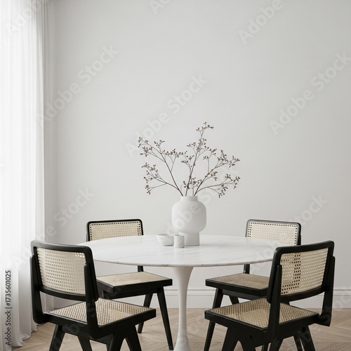 A minimalist dining room with a white marble tulip table, surrounded by four black cane-back chairs, adorned with a vase of delicate branches, beside a sheer curtained window