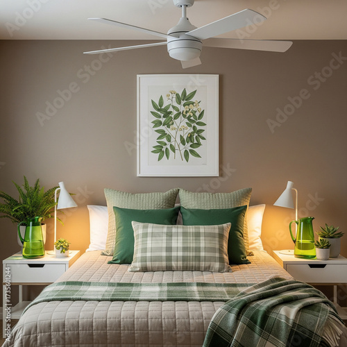 A warm and inviting bedroom featuring a bed dressed in green and white plaid bedding, flanked by white nightstands with plants and lamps, under a botanical print and ceiling fan