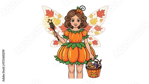 Whimsical Autumn Fairy: An enchanting cartoon depicts an autumn fairy with pumpkin attire, radiant wings, and a star-tipped wand, charmingly holding a basket. 