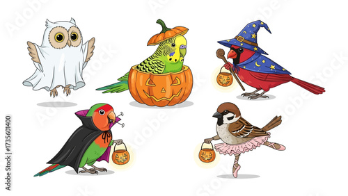 Whimsical Halloween Birds: A vibrant collection of charming birds, each adorned in delightful Halloween costumes, creating a playful and spirited scene, evoking smiles and seasonal joy.
