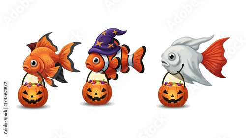 Spooky Treats Under the Sea: Three whimsical fish, each with its own unique design, are celebrating Halloween, carrying cheerful jack-o'-lantern treat bags and dressed in their holiday best.