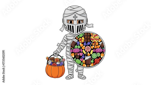 Halloween Knight: A whimsical cartoon illustration depicts a knight clad in a mummy costume, armed with a candy-filled shield and an orange jack-o'-lantern basket, perfect for the Halloween season.