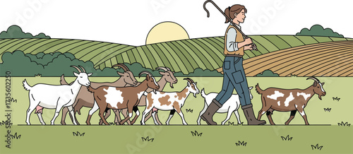 Woman herds goats across a green field with rolling hills in the background