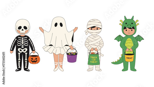 Halloween Costume Celebration: A charming array of children dressed in Halloween costumes stand holding their treat bucket in the cheerful daylight.
