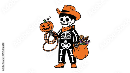 Spooky Cowboy Halloween: A playful illustration of a skeletal cowboy, adorned in a hat and bandana, joyfully holding a glowing pumpkin and carrying a sack of treats.
