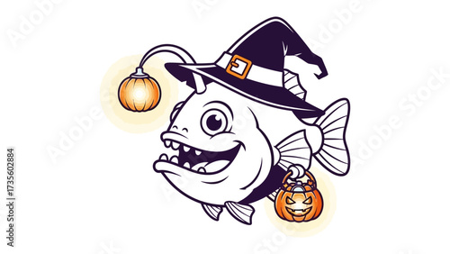 Halloween Anglerfish: A whimsical anglerfish in a witch hat, glowing lamp and carrying a jack-o'-lantern, invites you into the enchanting atmosphere of Halloween