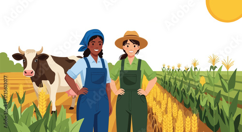 Two female farmers stand proudly in their field with a cow on a sunny day