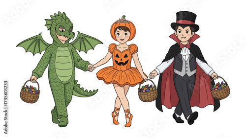 Halloween Trio: A charming illustration showcases a trio of children in delightful Halloween costumes, ready for trick-or-treating fun.